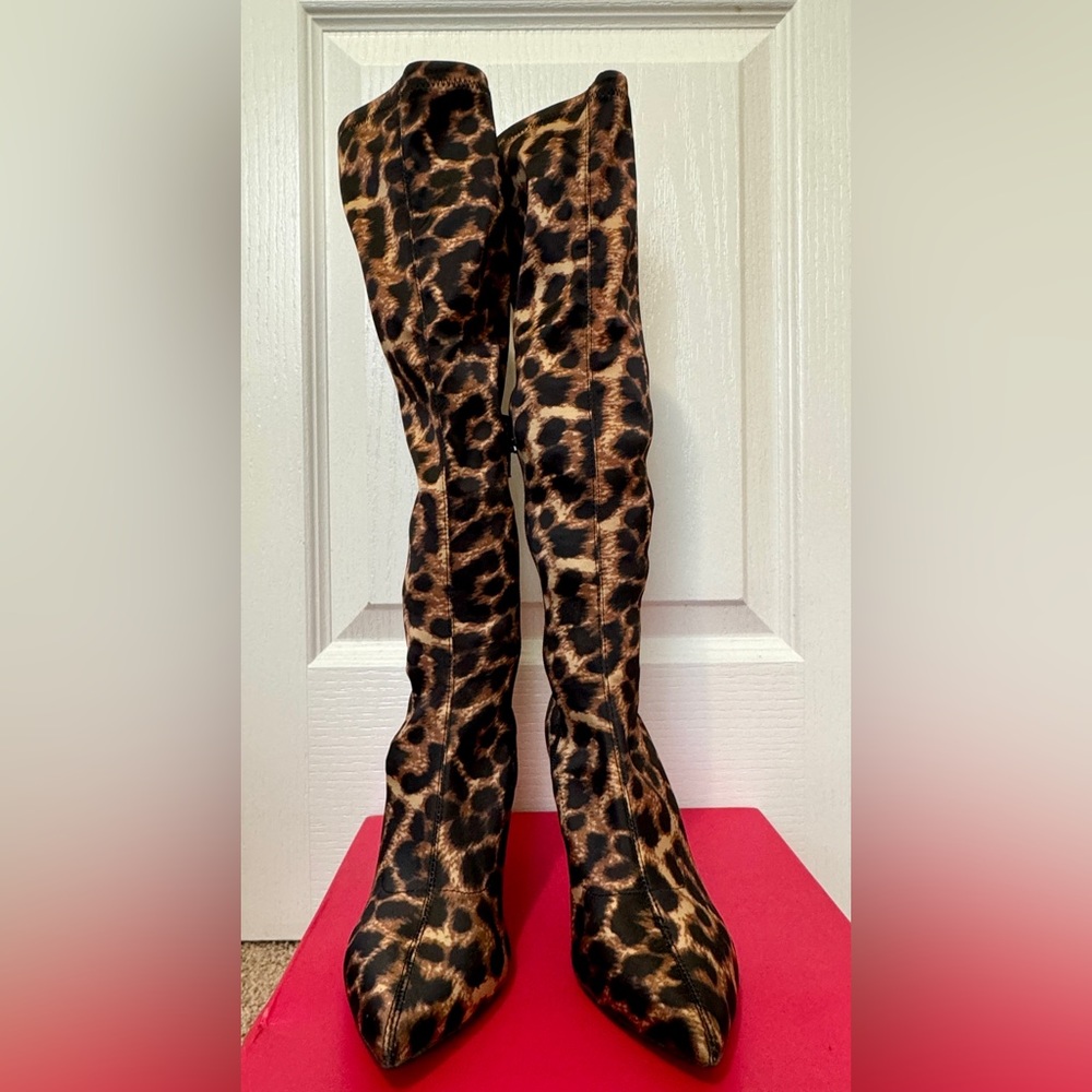 Leopard print heeled knee high boots